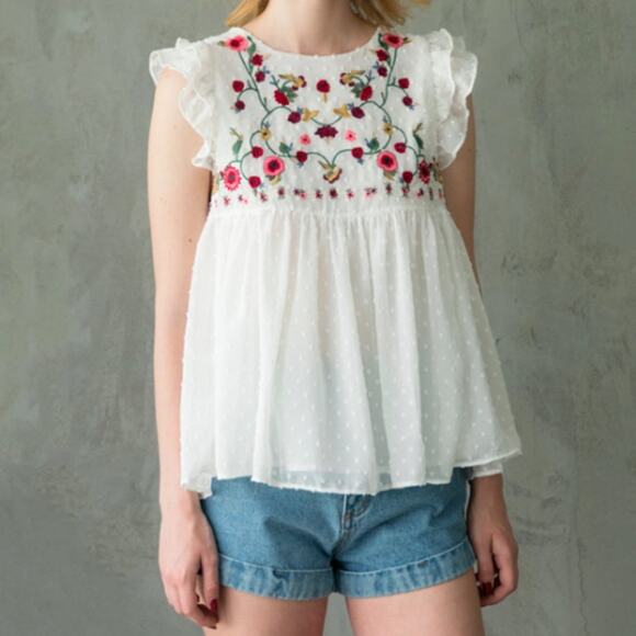 Boho Vintage Chiffon Floral Embroidered Ruffle Peplum Sleeveless Top Size Small - Picture 1 of 7